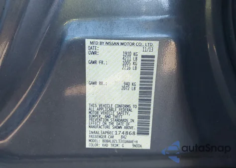 2014 Nissan Altima 2.5 Sv z USA, uszkodzony, nr VIN 1N4AL3AP6EC174868